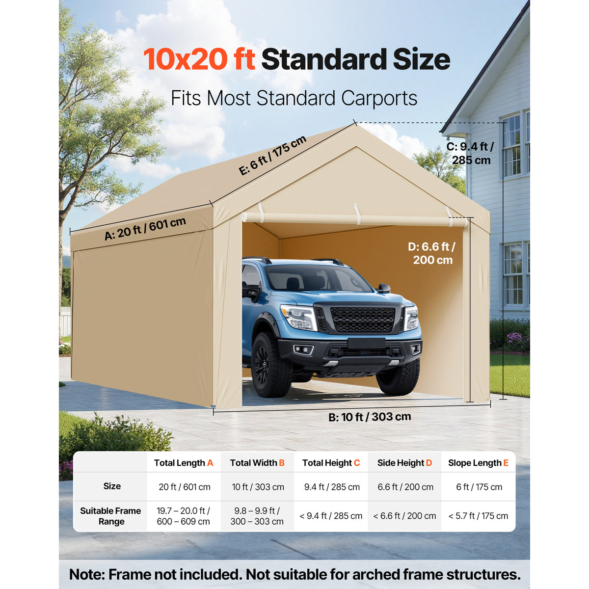 VEVOR Carport Replacement Canopy, 10 x 20 ft / 12 x 20 ft / 13 x 20 ft / 20 x 20 ft Potable Garage Tent Top Tarp with Sidewalls, UV-Resistant & Waterproof, Heavy Duty Car Shelter Tarp with Ball Buggees, Beige / Grey, Frame Not Included