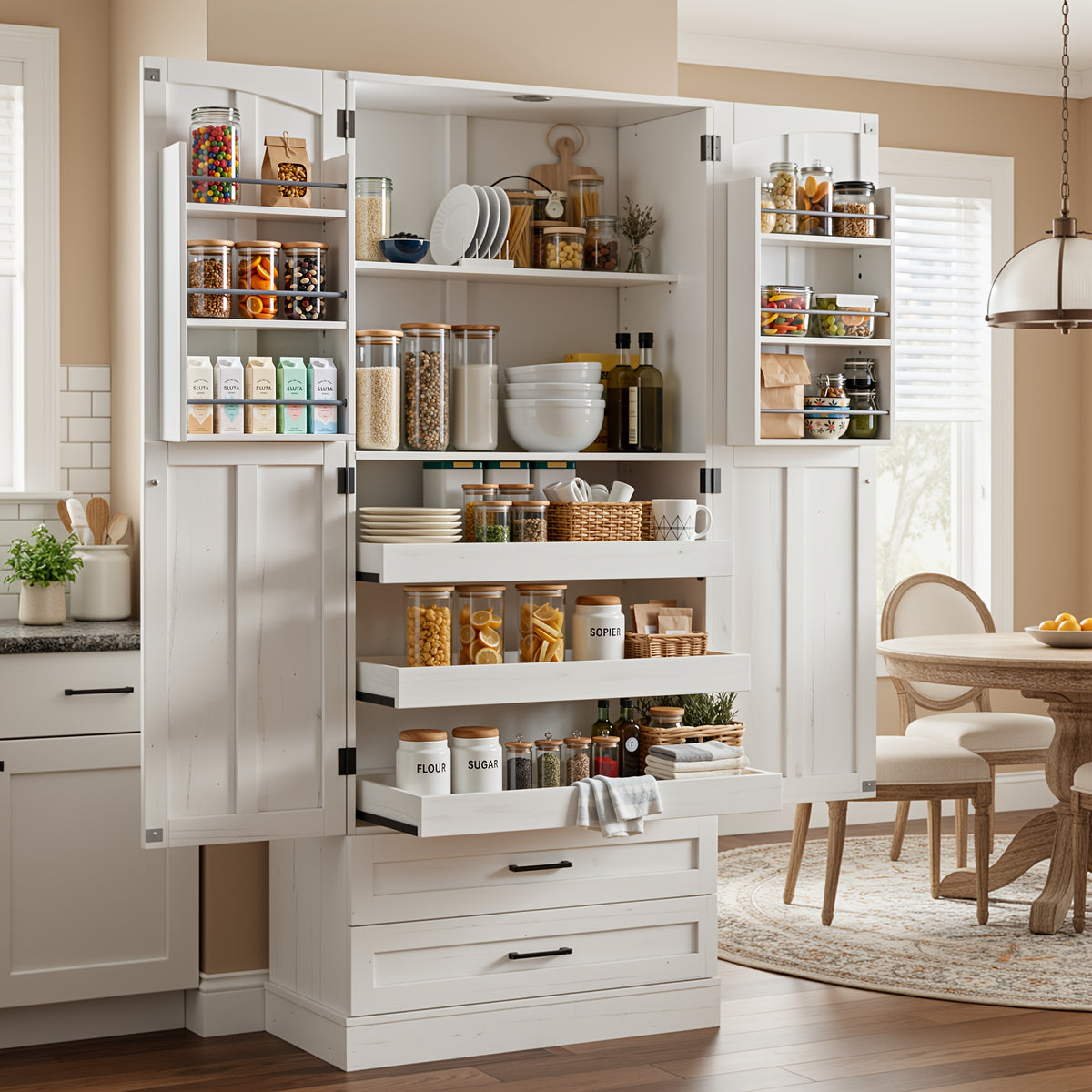 71 Inch Tall Kitchen Pantry Cabinet, Freestanding Wooden Storage Hutch with 3 Pull Out Shelves, 2 Large Drawers & 6 Door Shelves, Farmhouse Buffet Food Cupboard for Kitchen, Dining Room