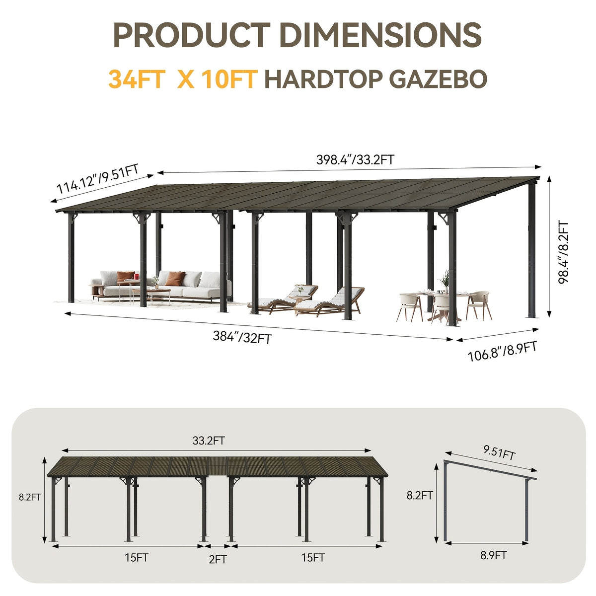Outdoor Gazebo & Pergola Set - Hard Top Lean-to Wall Mounted Aluminum Alloy Awning With Canopy Roof, Outdoor All-Weather Cover For Patio, Backyard, Deck, Shade & Rain Protection(Multi-size Selection)