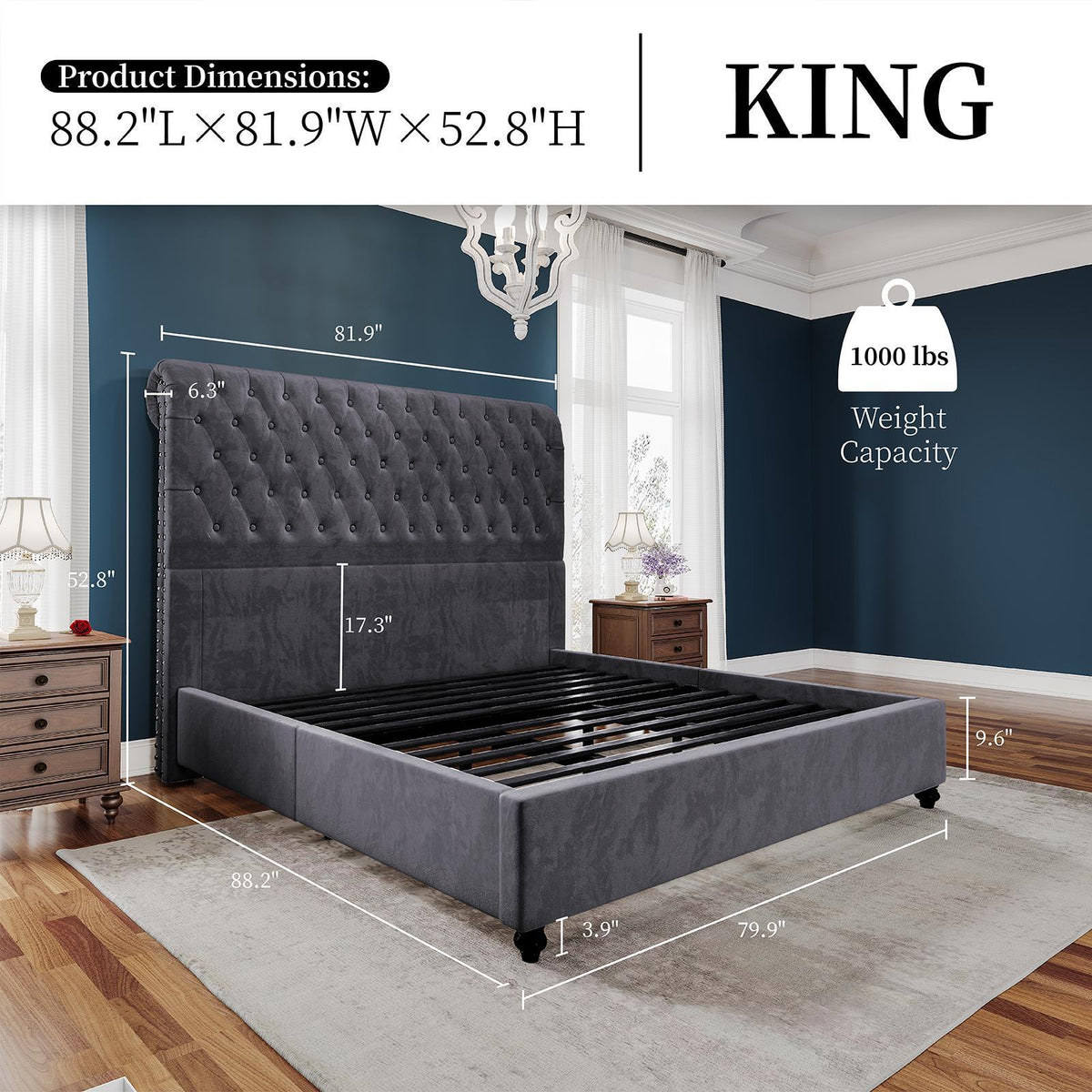 ALBOTT Upholstered Platform Bed Frame With 52.8 Inch Sleigh Headboard- Button Tufted Design, No Box Spring Required, Easy To Assemble