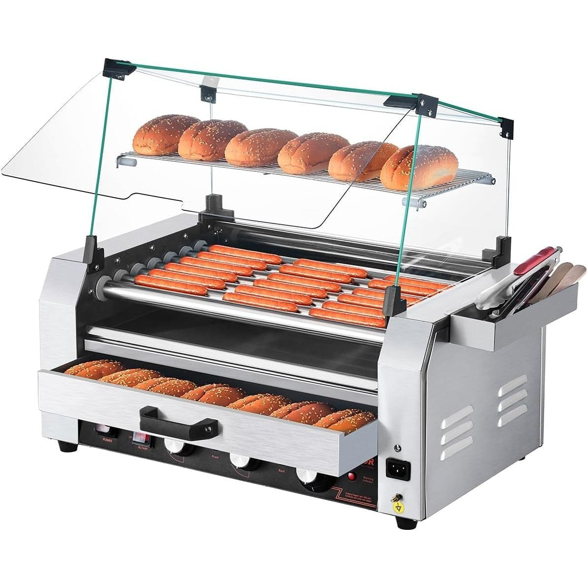 Hot Dog Roller Machine by VEVOR, 5-Roller Stainless Sausage Grill with Dual Temperature Control and Glass Hood