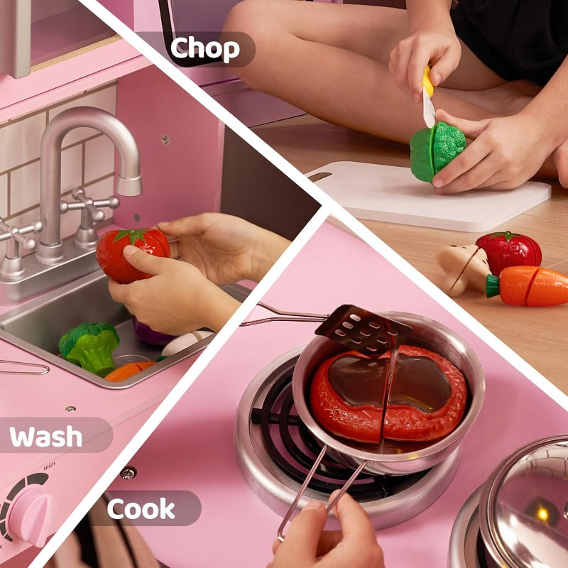 SYNCFUN Play Kitchen Set for Toy Kitchen Playset with Real Lights & Sounds, Double-Door Fridge, Ice Maker & Cookware Accessories, Pretend Play Kitchen Set for Kids, Multi-Item Party Favor Packs for Children, Perfect Christmas Gifts