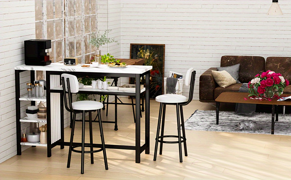 3pcs Dining Room Table Set with Faux Leather Upholstered Bar Stools, Modern Farmhouse Style Dining Table Set with Multiple Tier Storage Shelves, MDF Table Top and Metal Frame, Counter Height Breakfast Nook Table Set for Small Spaces Family