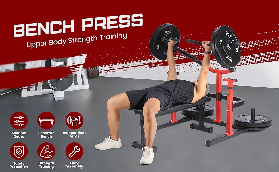 Heavy-Duty Adjustable Chest Press Machine with Bench - Home Gym Bench Press Rack w/ Independent Converging Arms, Smooth Bearing System & Flat Bench for Upper Body Strength Training (/) - Steel Weight Training Equipment Suitable for Home Gym