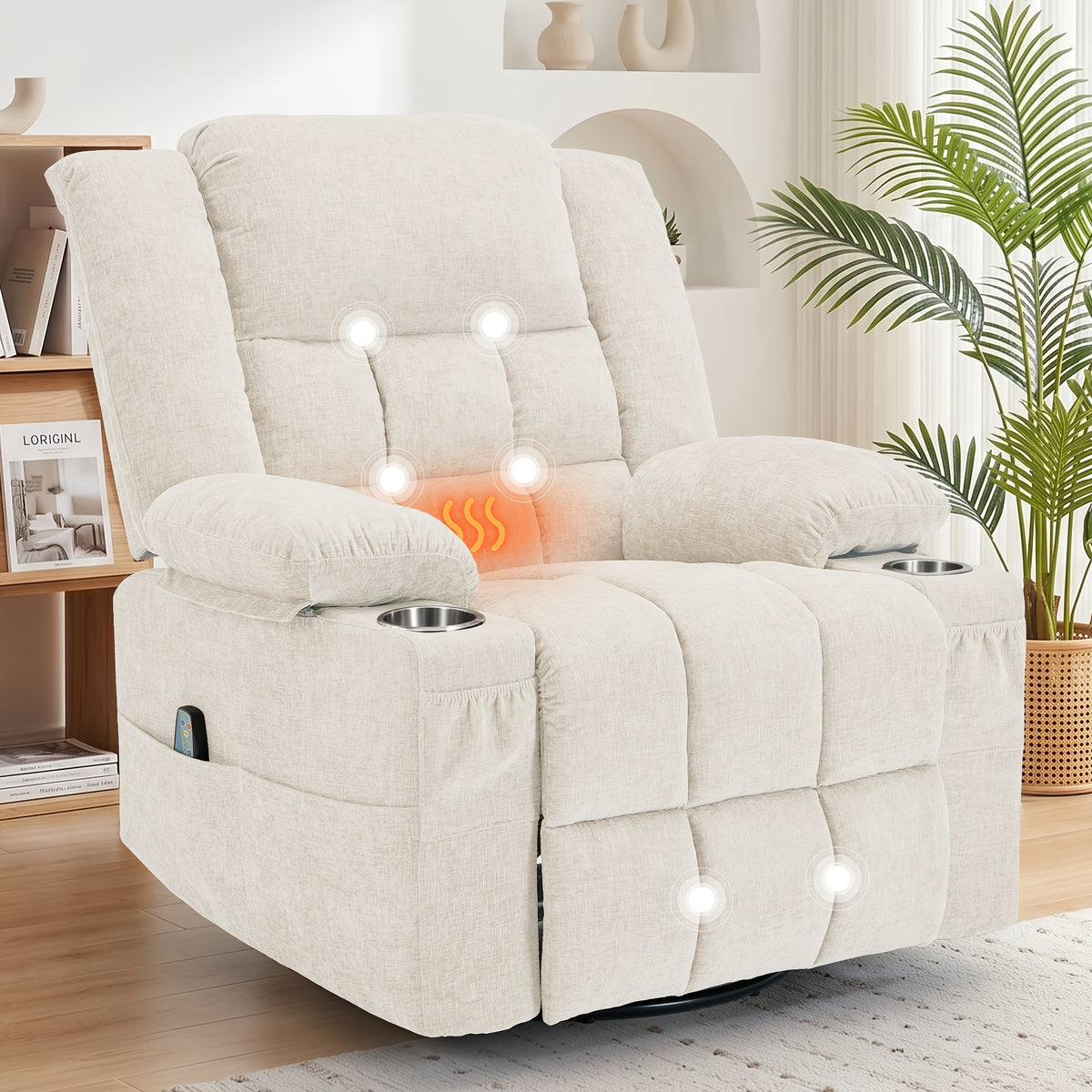Personal Care Home Massage Chair, 360° Rotation Of Massage Heating Function Comfortable Recliner Chair, Manual Adjustable Angle Leisure Rocking Chair, Massage Sofa Chair with Side Pockets And Front Pockets, with Built-in Cup Holders And Thickened