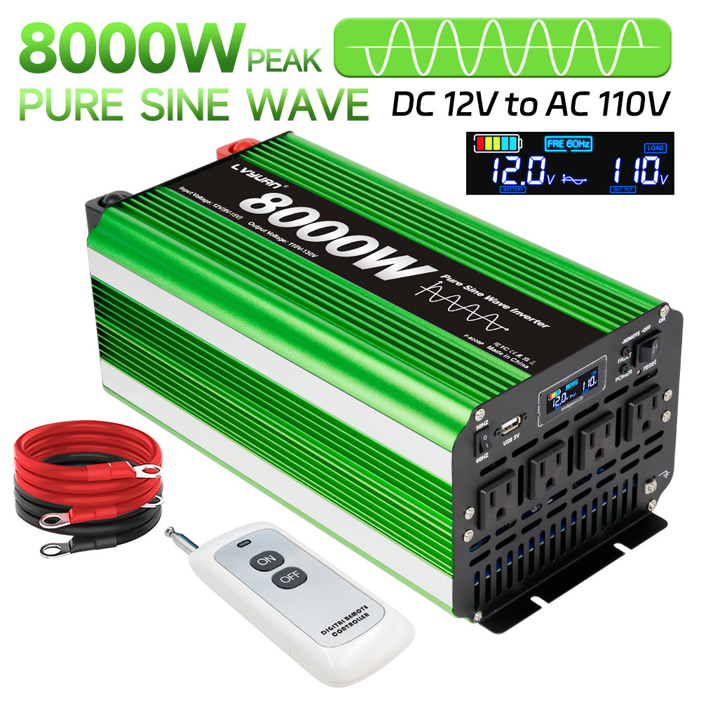 Pure Sine Wave Inverter 8000 Watt (Peak) Vehicle Power Inverter, Converts 12 Vdc to 110 Vdc to 120 Vdc, with LCD Display, Remote Control and Troubleshooting, 4 US Sockets for Car Onboard Chargers, for Home Solar Systems, RV's, and Vans, without Batteries