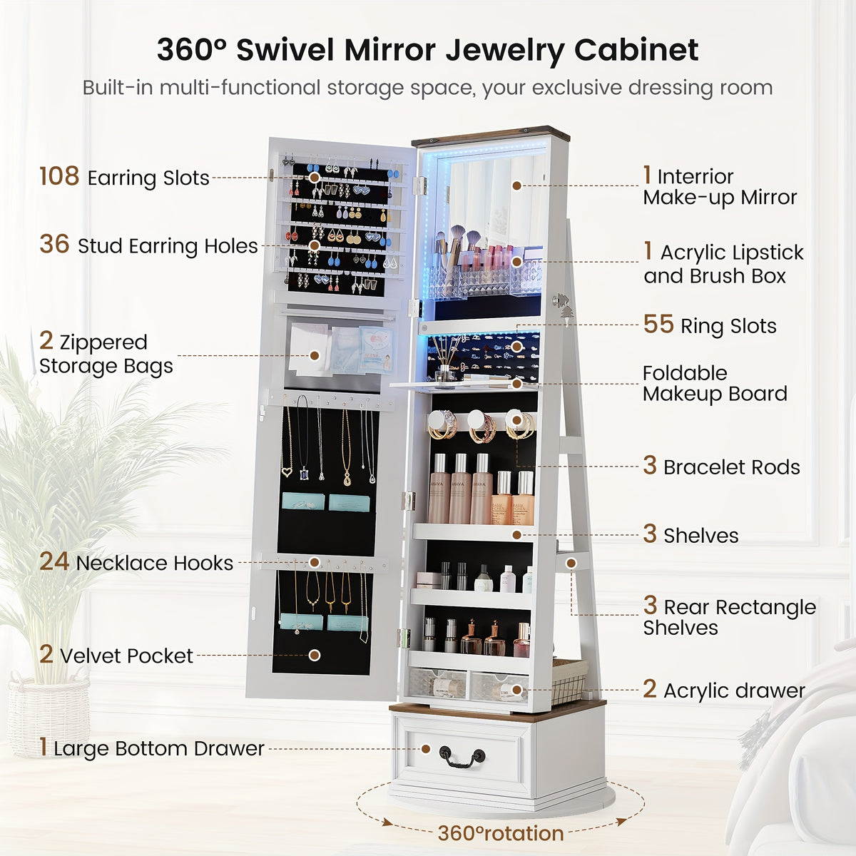 Vintage-Inspired 360° Swivel Jewelry Mirror Cabinet with Lights - Lockable, Full Length Organizer with Storage Drawer for Bedroom Decor - For Women - Perfect for Makeup & Jewelry Storage - Ideal Gift for Her