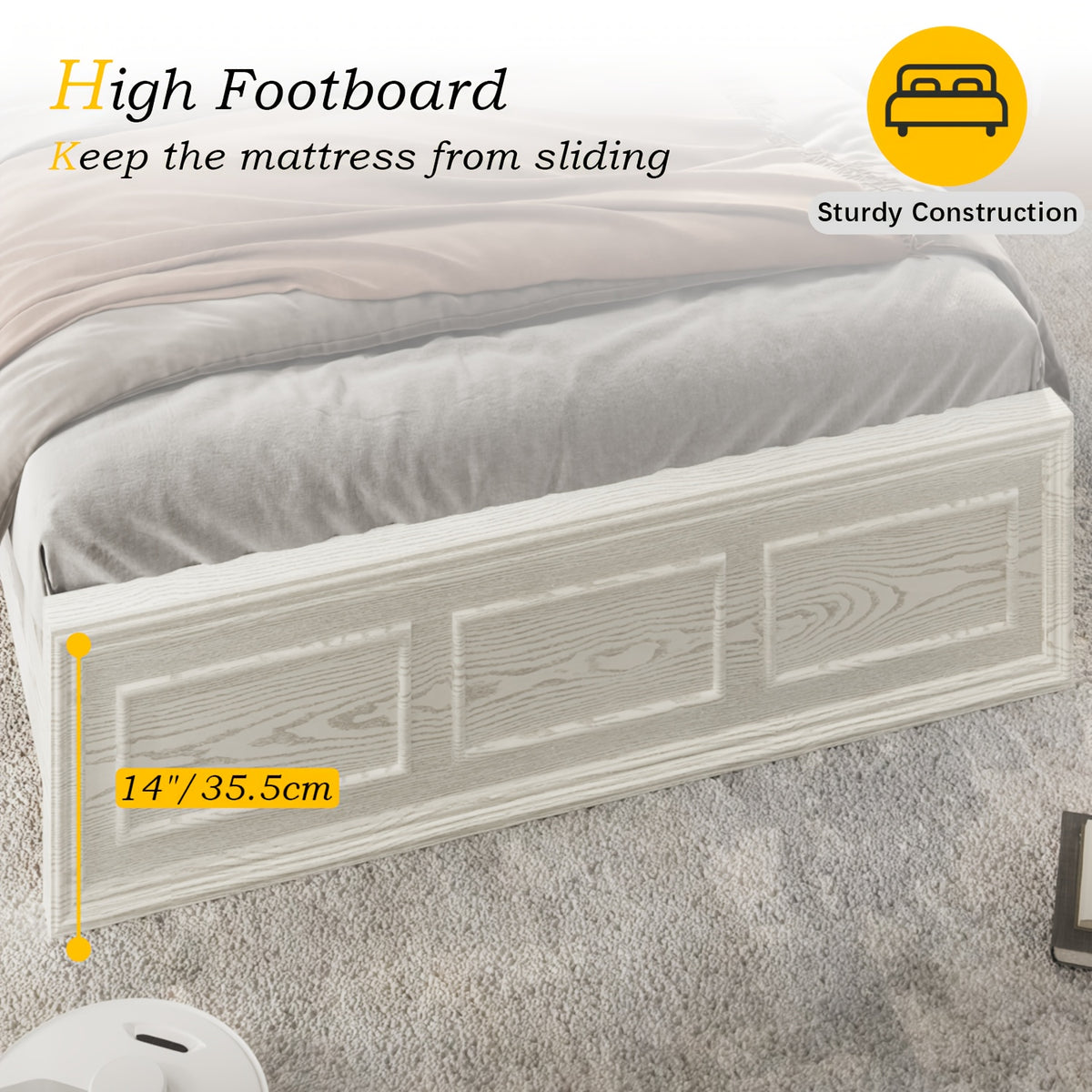 Platform Bed Frame with Headboard, Farmhouse Style, Height Adjustable, Brown and White