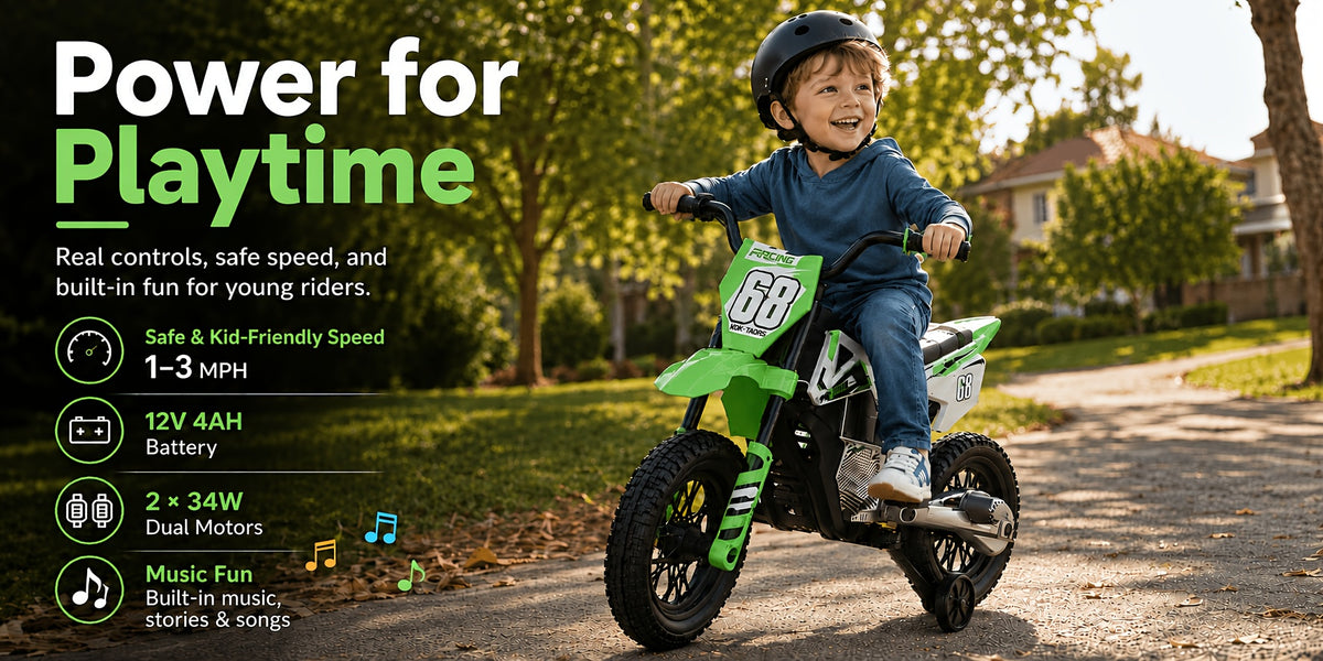 12V Kids'Ride-On Motorcycle, Upgraded Dual Motors, Training Wheels for Safety, Twist Throttle Control & Built-in Music, Perfect Gift for Kids Ages 3+