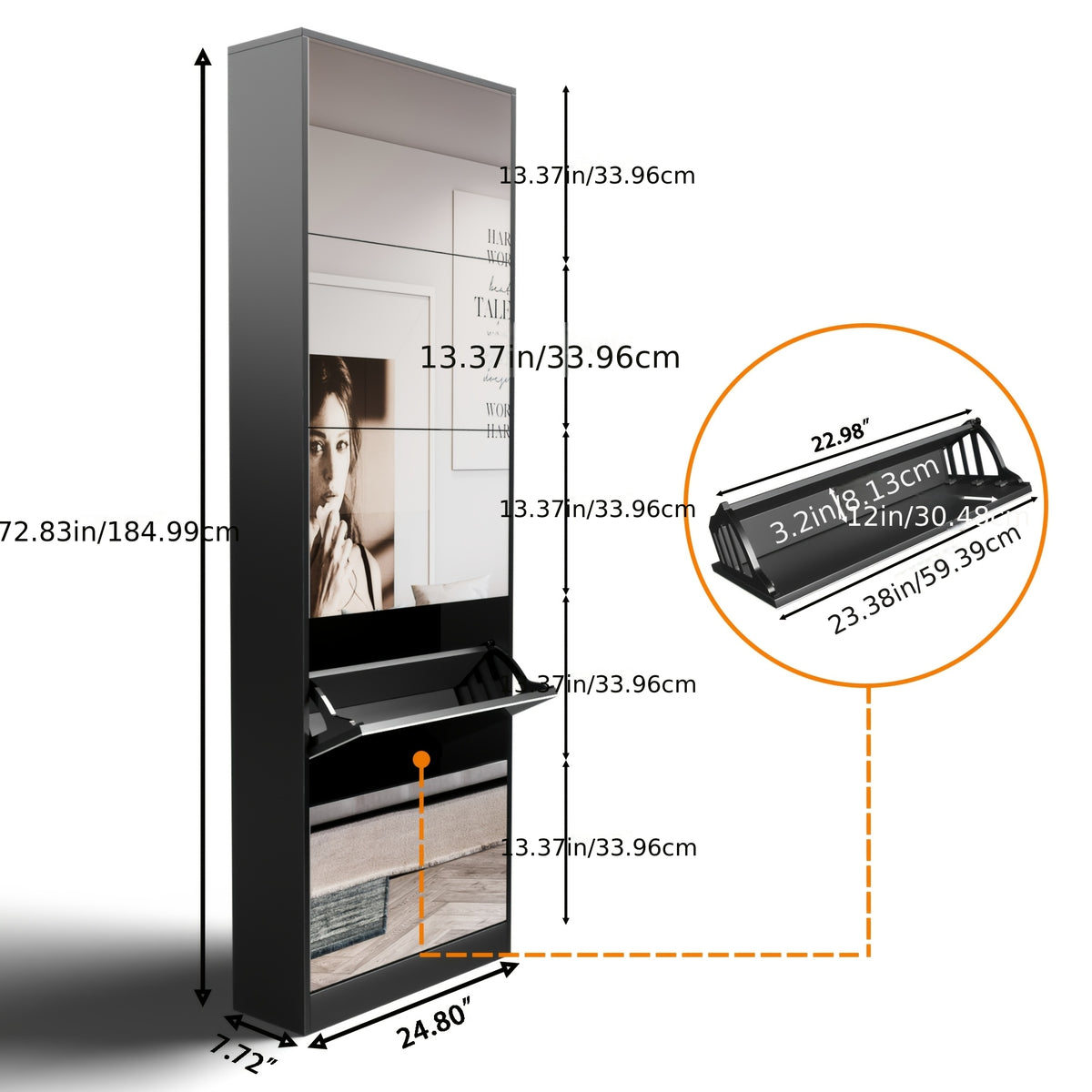 Organizedlife Shoe Cabinet with Full-Length Mirror, 5-Tier Narrow Entryway Shoe Storage Organizer, Flip-Drawer & Hidden Shoe Racks, Space-Saving Tall Unit for Small Hallways, Closets, Apartments