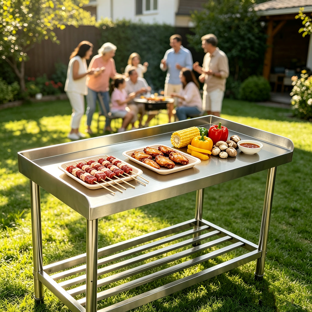 Stainless Steel Table with Backsplash, 48 X 24 Inches Metal Prep And Work Table with Adjustable Undershelf, for Outdoor, Restaurants, Hotels, Workshops, Kitchens, Garages And Gardens