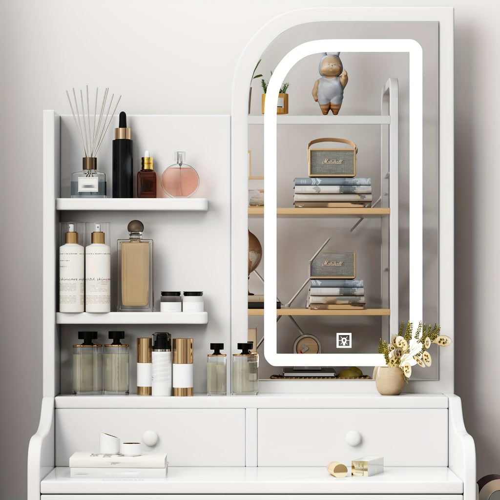 White Dressing Table with Sliding Mirror And Stool 4 Drawers Home High-End Bedroom Dressing Cabinet Integrated Small Apartment