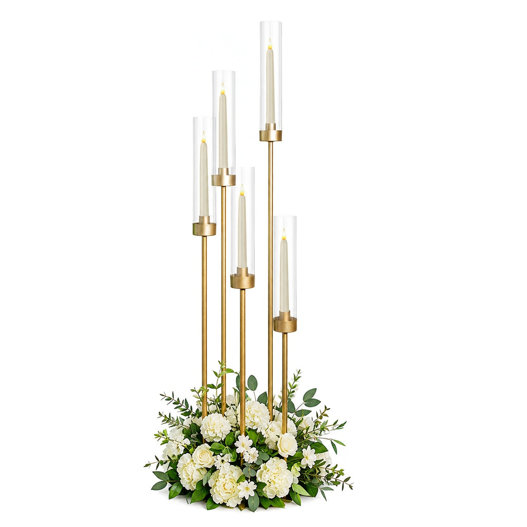 10 Sets Acrylic Candelabra Centerpieces 39.4" Tall Clear Candle Holders Pillar Taper Candlestick with Lampshades 5 Arm Floor Candelabra Stand for Wedding Christmas Ceremony Dinner Party Halloween Christmas