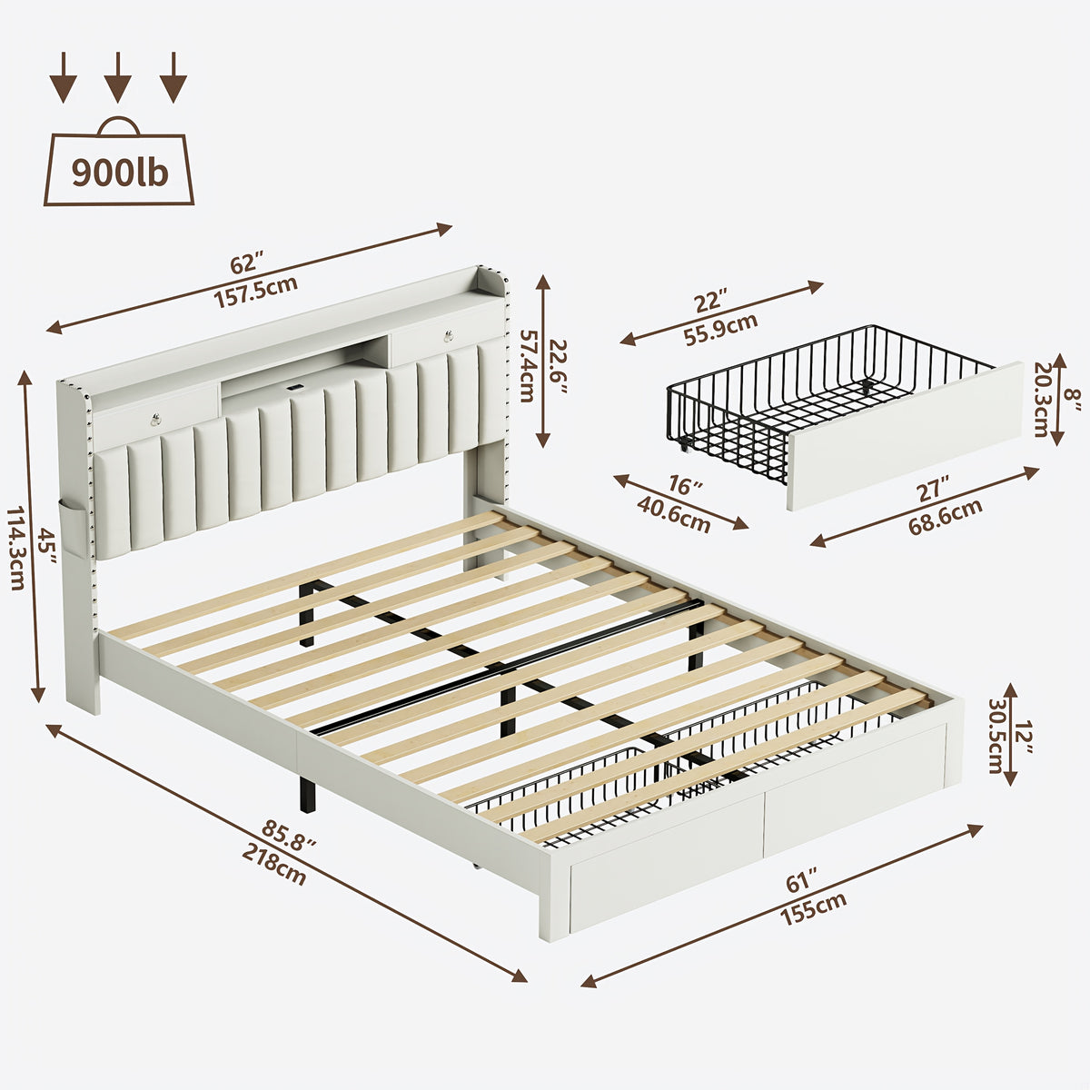 MRAEER Furniture Offers a Tri-Color Upholstered Bed Frame Available in Full, Queen, And King Sizes, Featuring Four Drawers And a Charging Station. Mattress Not Included, Operates Silently, And Does Not Require a Box Spring
