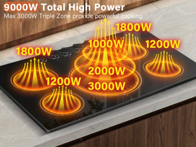 5 Burner Countertop Electric Cooktop, 30 Inch Built-in Ceramic Stove Top, 30" Radiant Electric Stove Top With Knob Control, Hot Surface Indicator, 9000W, 220V-240V Hard Wire(No Plug)