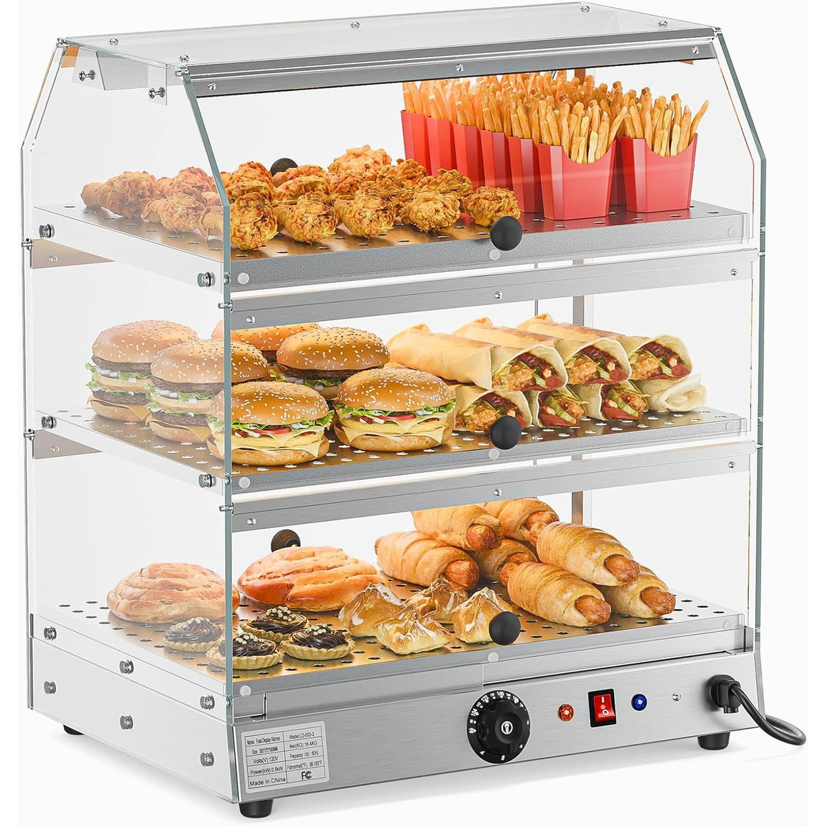 2-Tier Food Warmer Pizza Warmer Countertop, Food Warmer Display Pretzel Warmer with LED Lighting Front and Rear Doors, Electric Catering Hot Box Acrylic for Buffet Restaurant Cafe
