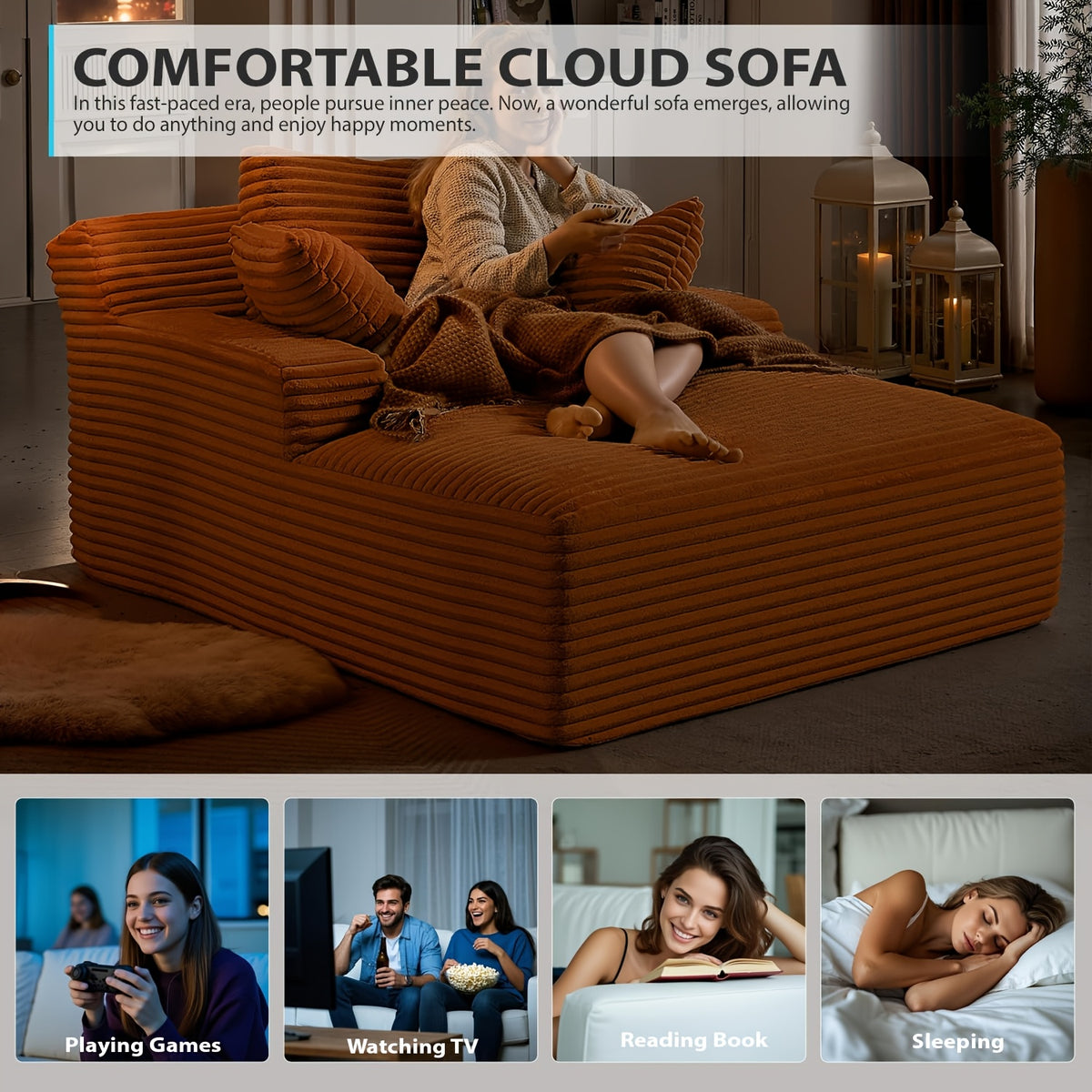 67 Inch Chaise Lounge Chair Indoor, Oversized Corduroy Upholstered Boneless Sofa Bed, Deep Seat Sleeper Couch Reading Chairs, Cloud Sofas Couches for Living Room, No Assembly Required (Orange)