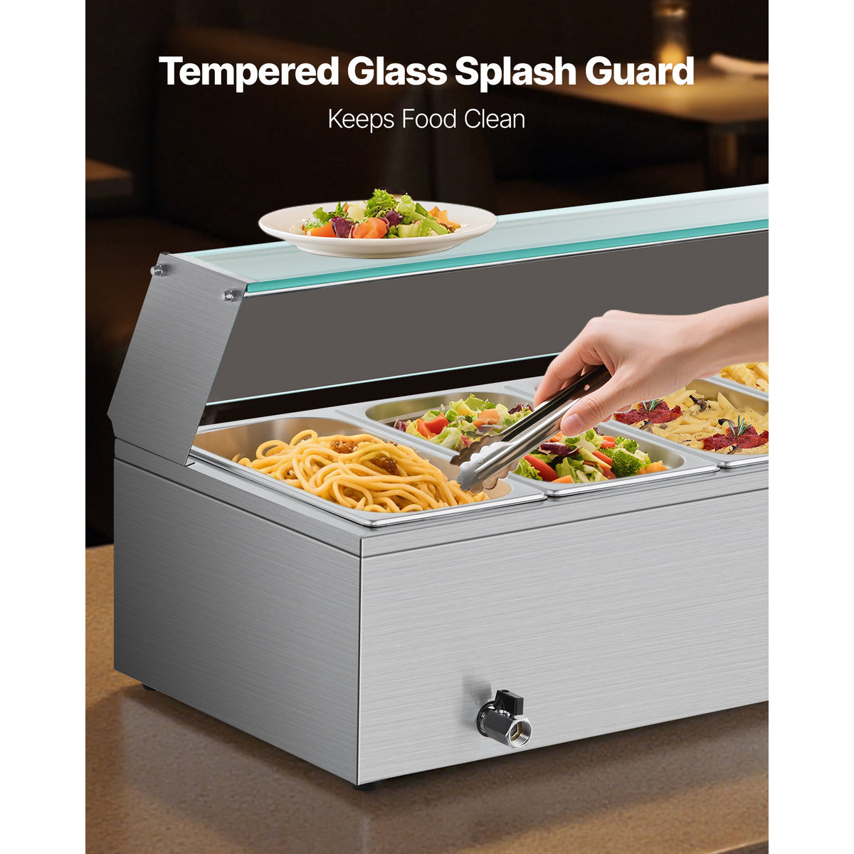 VEVOR Commercial Food Warmer, 1500W Electric Stainless Steel Steam Food Warmer with Glass Cover, 6 x 1/3 Size Pans Buffet Bain Marie with Soup & Perforated Ladles, for Catering, Restaurant & Party