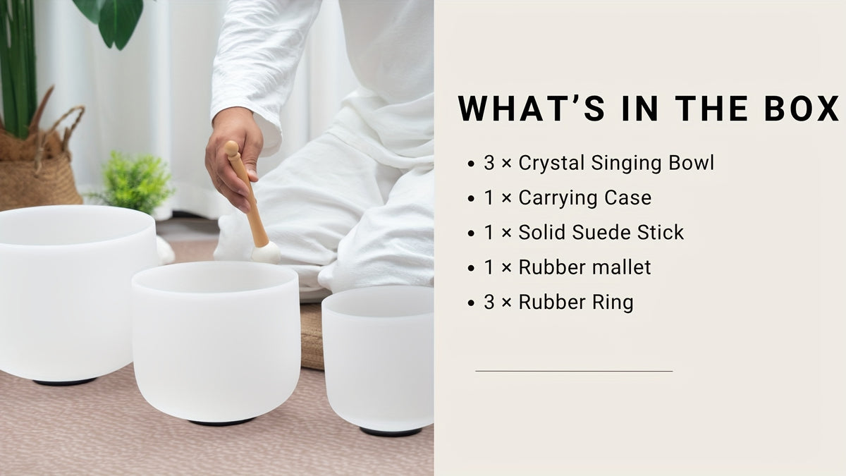 7-11Inch Quartz Crystal Singing Bowls Set of 3 Pure White for Mindfulness Meditation Yoga Sound Bowls with Case And Mallet