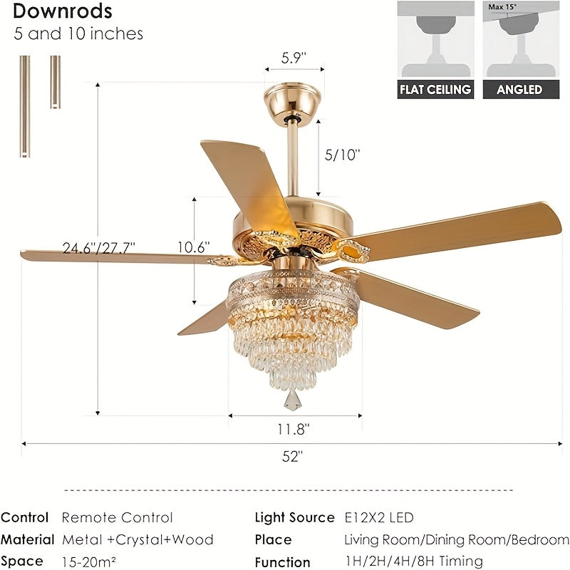 Crystal Ceiling Fan Fandelier with Lights - Modern Outdoor Fans with Remote Control, Noiseless AC Motor, Retro/Farmhouse Lighting, Dining Room, Living Room (52"