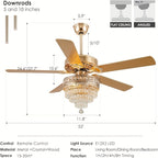 Crystal Ceiling Fan Fandelier with Lights - Modern Outdoor Fans with Remote Control, Noiseless AC Motor, Retro/Farmhouse Lighting, Dining Room, Living Room (52"