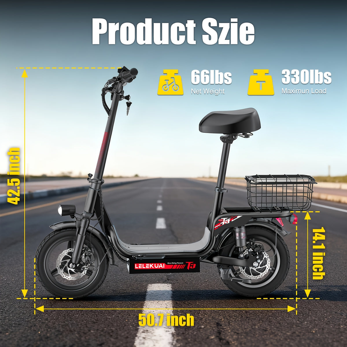 Urban Commuter Electric Scooter 560W Peak Motor 15-24.5MPH Max Speed 48V 10.4-15AH Battery 35Miles Range 330lbs Load Capacity Black City Commute Shopping Scooter For Urban Workers, Community Residents And Shoppers