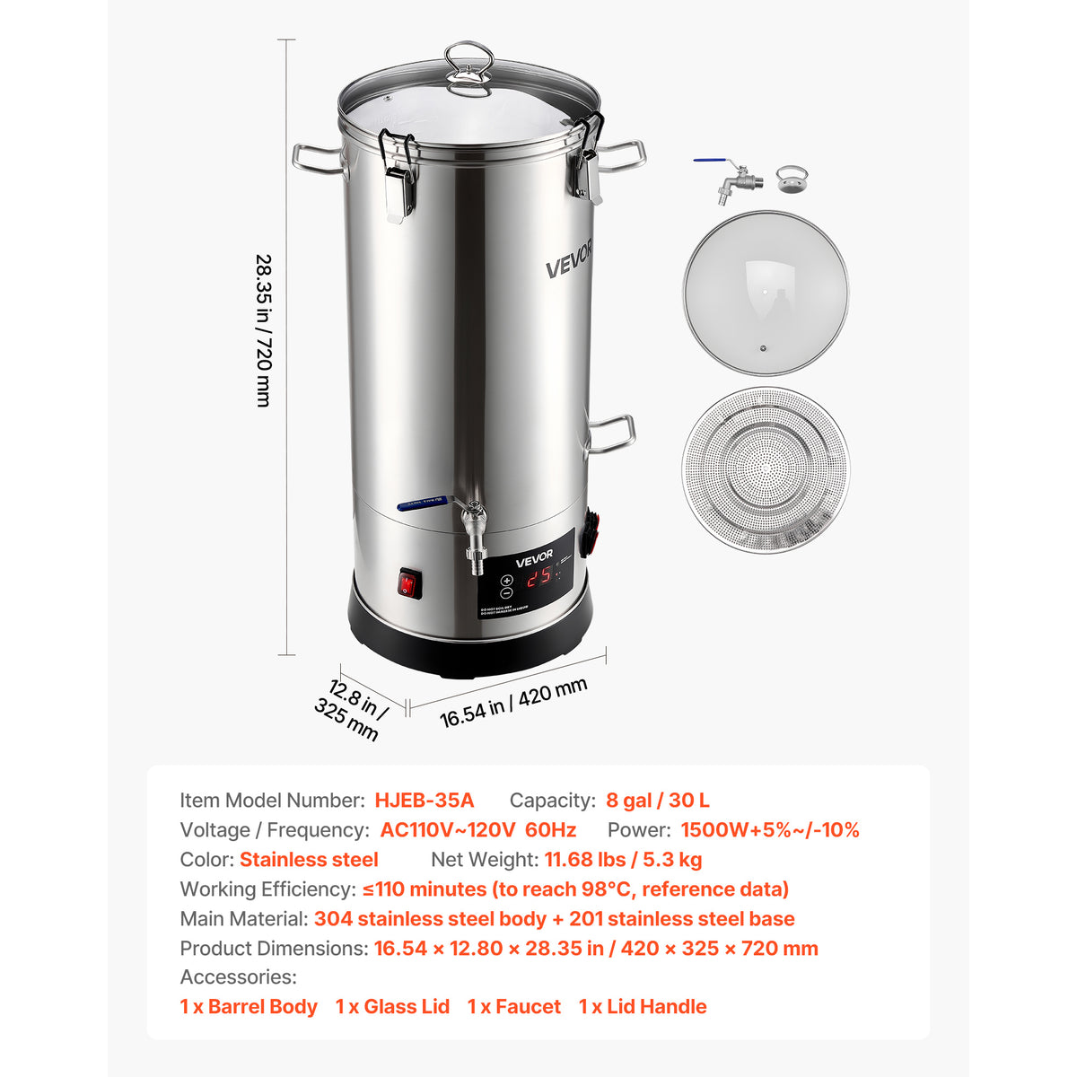 VEVOR Beer Brewing Equipment, 8 Gal/30L 304 Stainless Steel Home Beer Brewer,1500W All-in-One Home Brewing Kit, Tall strainer, Integrated Inner Barrel & Reinforced Handle