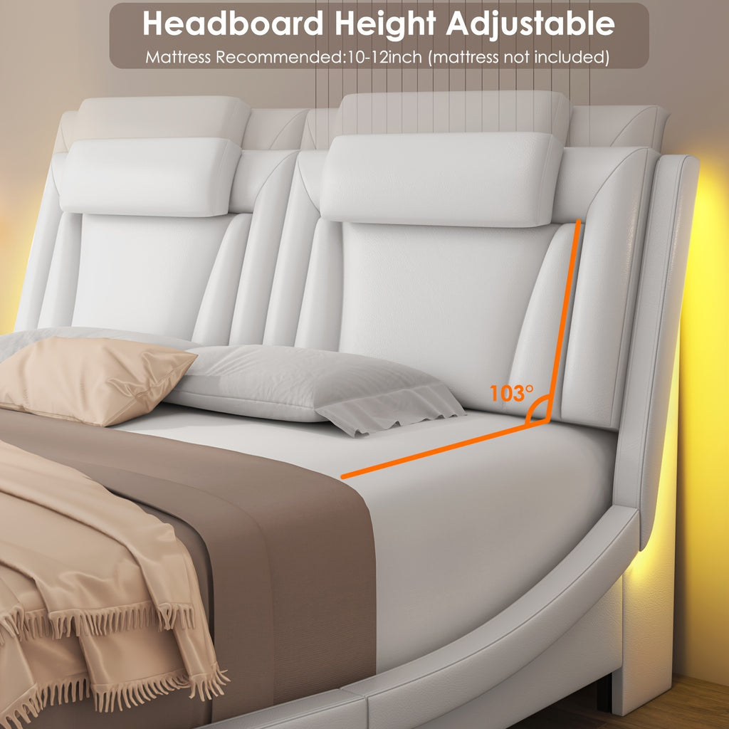 Upholstered Bed Frame Available in Full, Queen, And King Sizes Featuring an Adjustable Headboard, a Wavy Design, a Removable Backrest, And Solid Wooden Slats for Support, Eliminating The Need for a Box Spring, Offered in Faux Leather in White