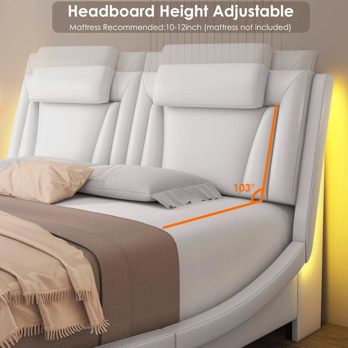Upholstered Bed Frame Available in Full, Queen, And King Sizes Featuring an Adjustable Headboard, a Wavy Design, a Removable Backrest, And Solid Wooden Slats for Support, Eliminating The Need for a Box Spring, Offered in Faux Leather in White