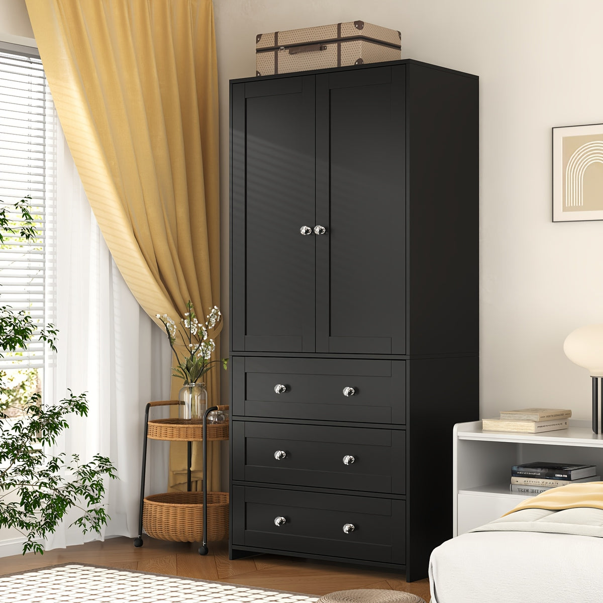 31.5" /47.3"/63" Wardrobe Armoire Closet with Mirror & Hanging Rod, Large Drawers & 2/3/4 Doors