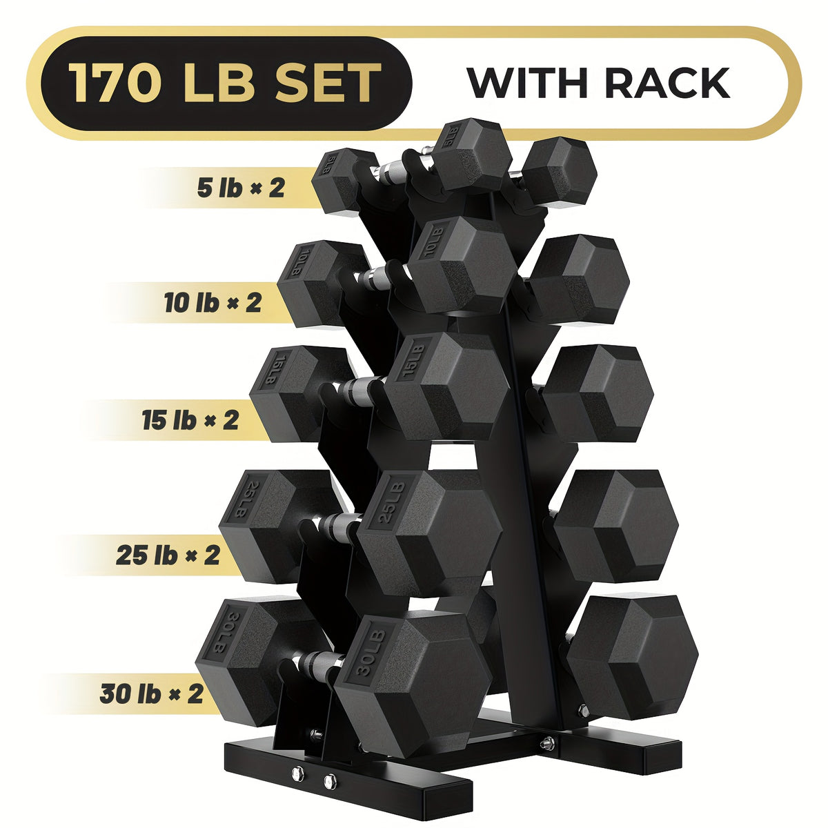 Dumbbell Set, Rubber Coated Hex Weights with Rack for Strength Training and Home Gym Exercise, 60-230 lb Options