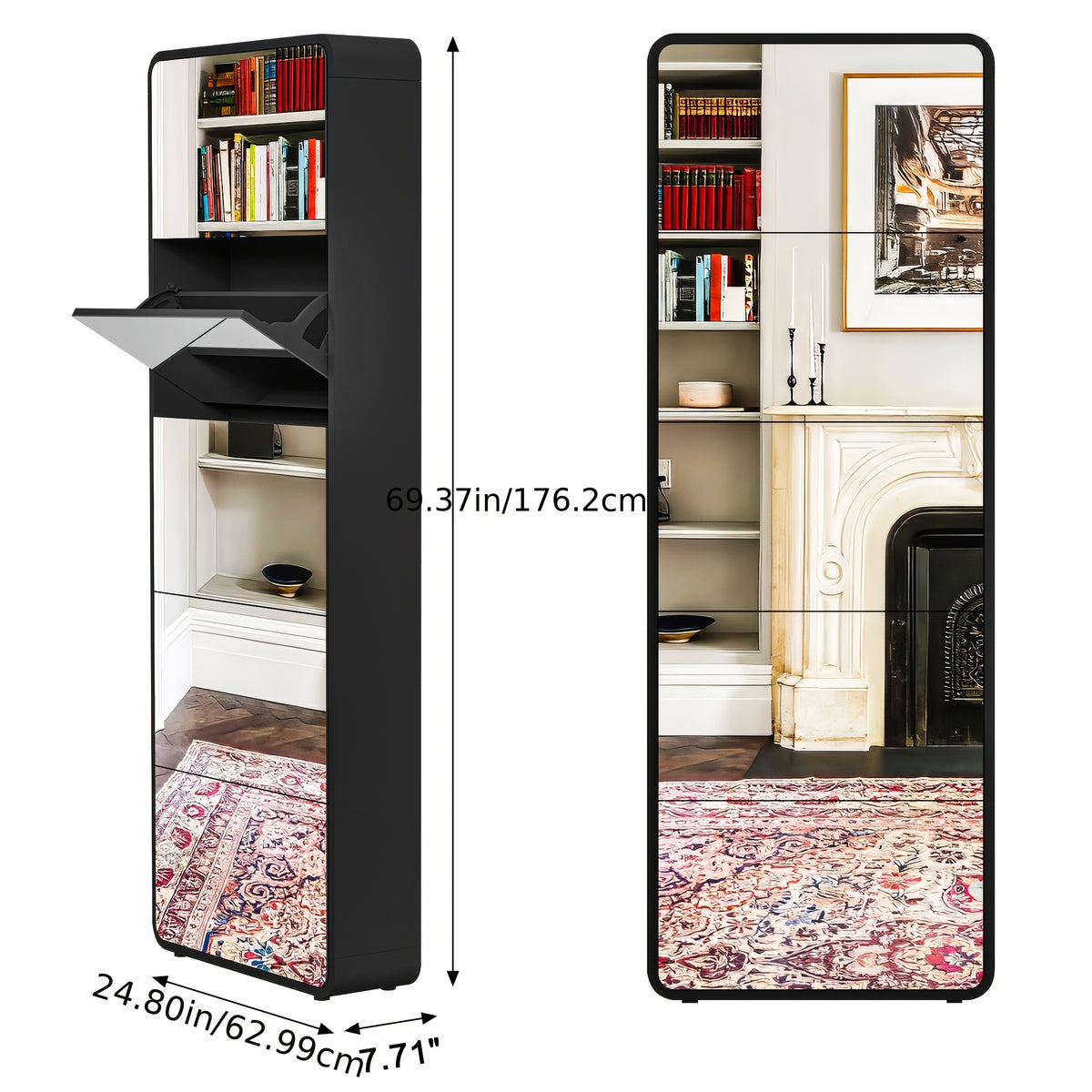 Organizedlife 1Set Shoe Storage Cabinet For Entryway, 5 Tiers Full Length Mirror Shoe Organizer, Wooden Narrow Shoe Closet, Black Shoe Cabinet Shoe Rack For Front Door Entrance, Outdoor