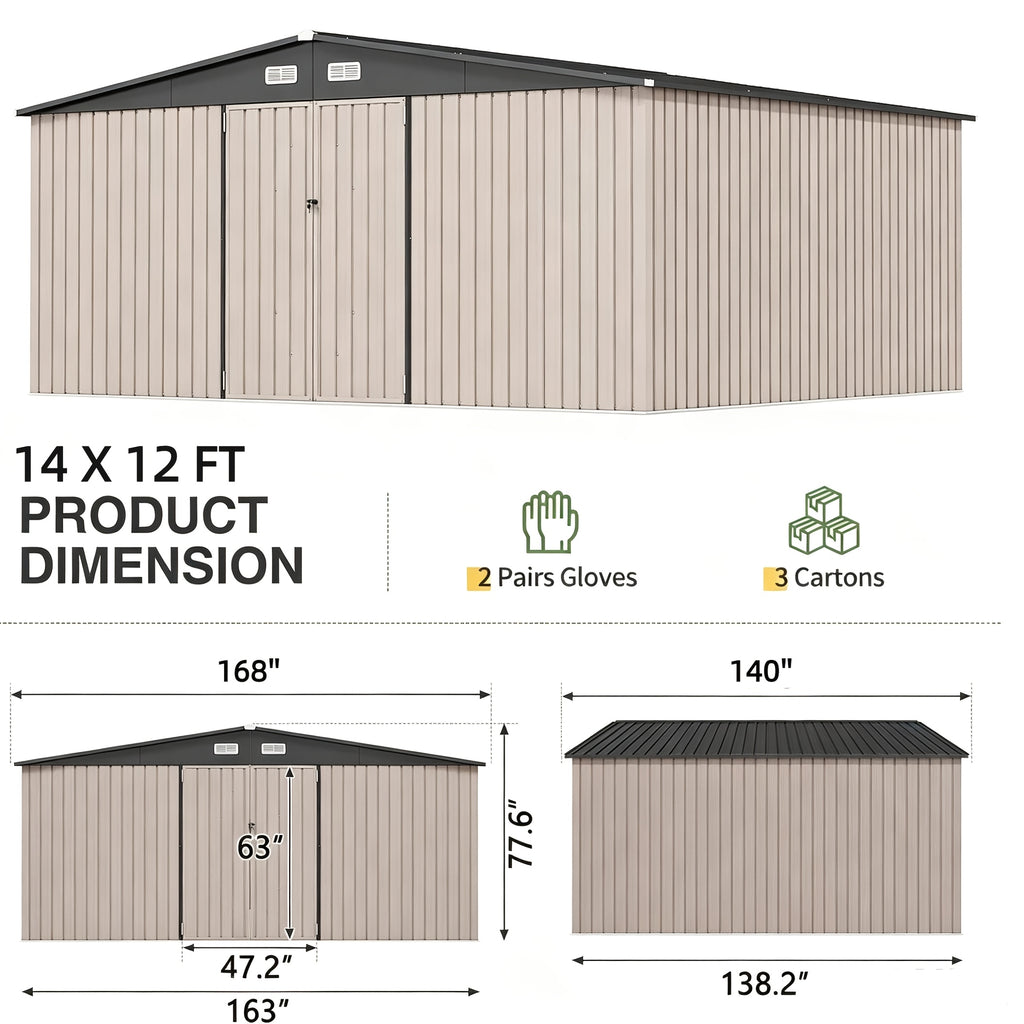 GUNJI Heavy-Duty 10X14 FT & 5X3 FT Metal Garden Shed With Double Hinged Large DoorSecure Tool Sheds & Backyard Organization For Outdoor Storage Solutions, Patio Storage, Garbage Can, Chicken Coop
