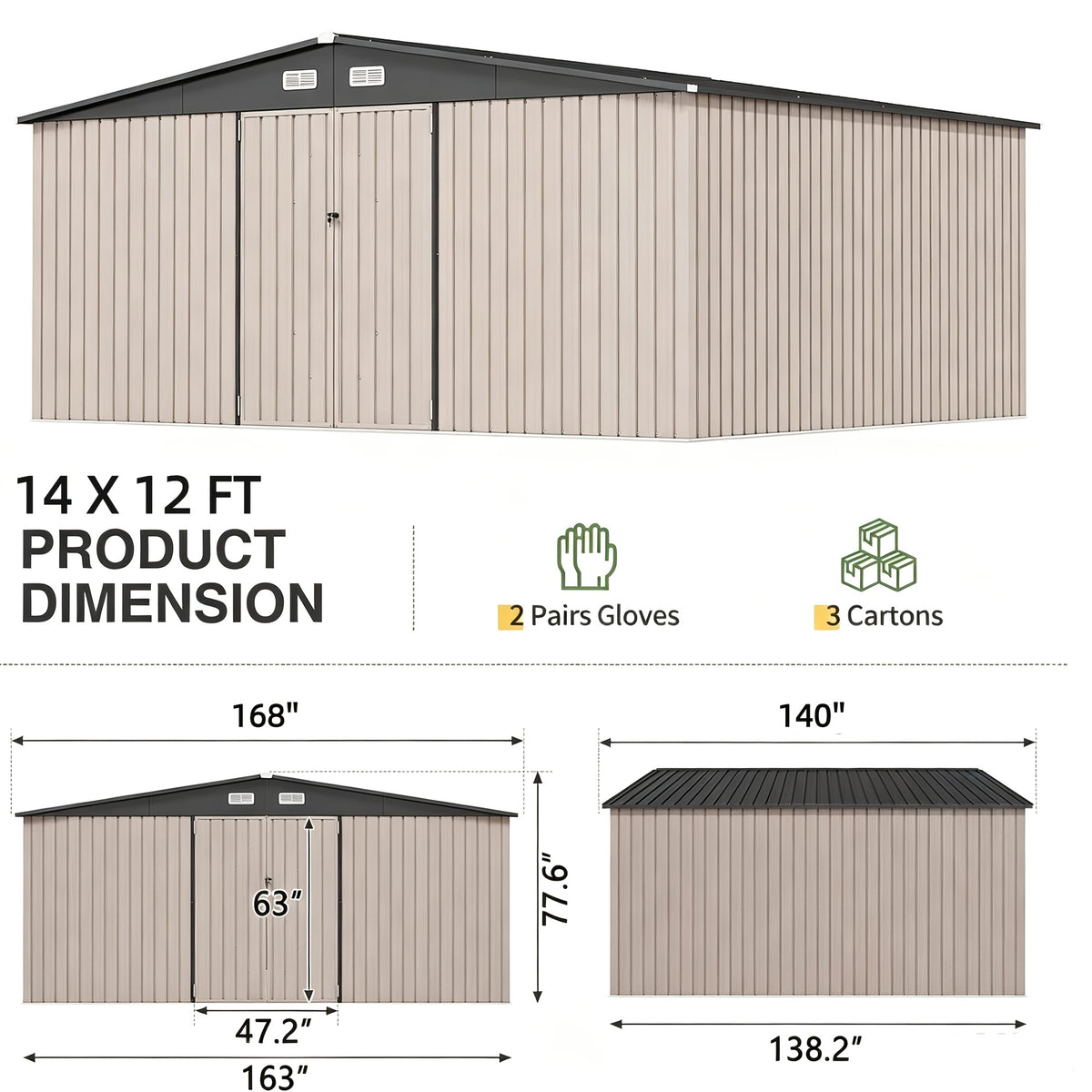 GUNJI Heavy-Duty 10X14 FT & 5X3 FT Metal Garden Shed With Double Hinged Large DoorSecure Tool Sheds & Backyard Organization For Outdoor Storage Solutions, Patio Storage, Garbage Can, Chicken Coop