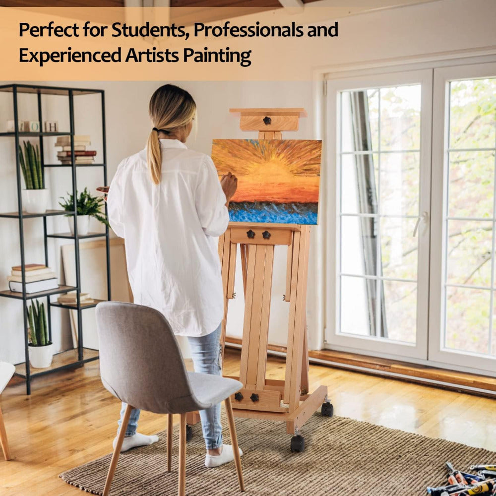 H Frame Easel Multi-Function Studio Easel Solid Beech Wood Easel Adjustable Painting Canvas Holder Stand Tilts Flat Artist Easel with Locking Caster Wheels