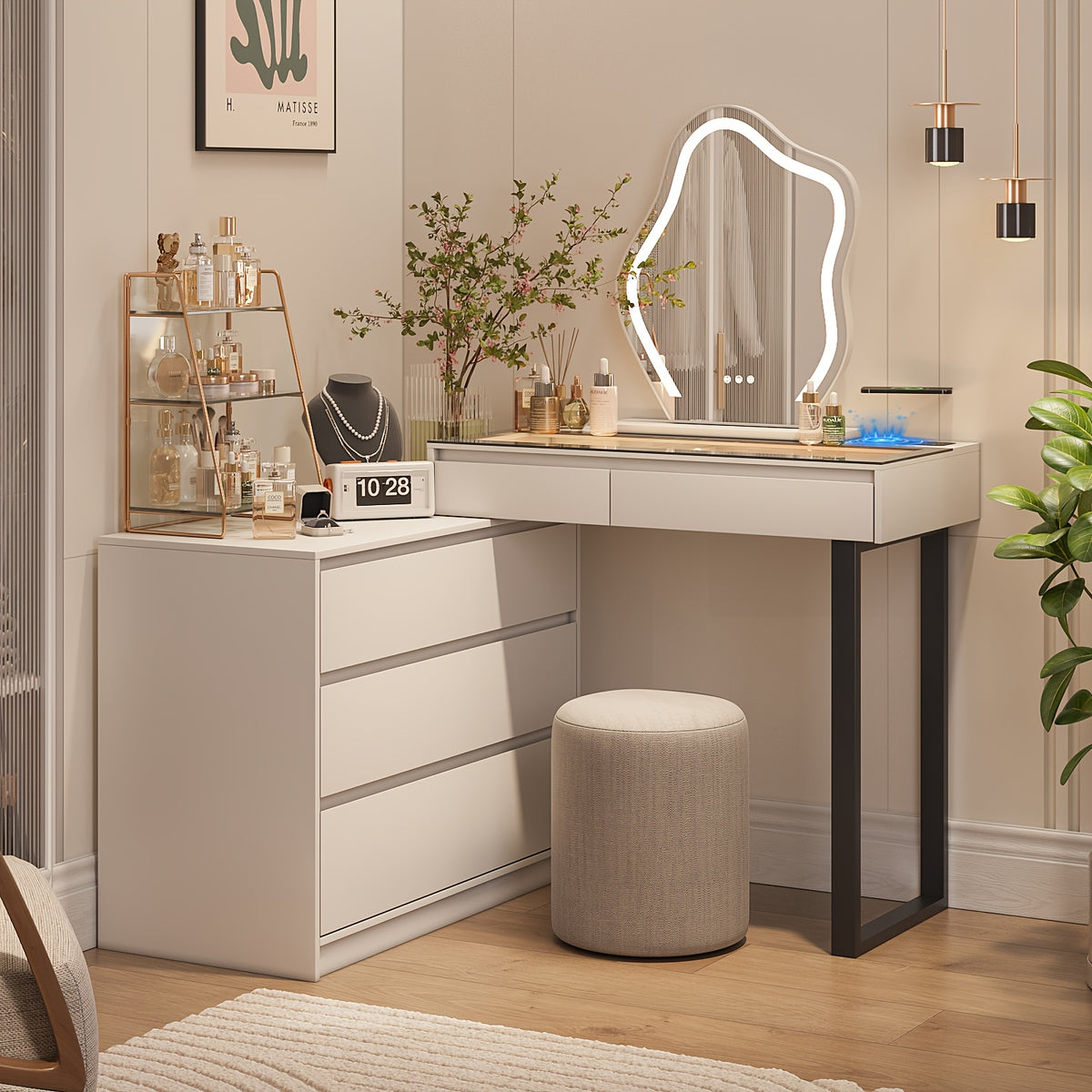 Corner Vanity Desk with Mirror And Lights, Makeup Table with Drawers And Jewelry Cabinet, 3-Color LED Lights And 5-Drawer Large Vanity with Storage, Bedroom, Dressing Table