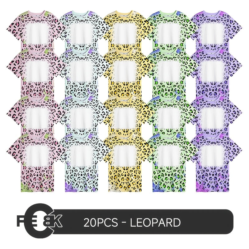 20pcs Pack, M - XXL | Sublimation Blank Colorful Bleached Faux Crewneck T-Shirt | Single Size Mix Colors Pack, Leopard Sports, Waves, Kajun, Camouflage, Hot Fashion Design Base Stripe Shirts for Heat Transfer Printing and Crafting