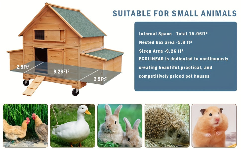 Large Chicken Coop with Wheels, Waterproof Outdoor Hen House for 6-8 Chickens, Movable Chicken House with Two Nesting Boxes, Removable Tray, PVC Cover, Wooden Duck Coop Rabbit Hutch