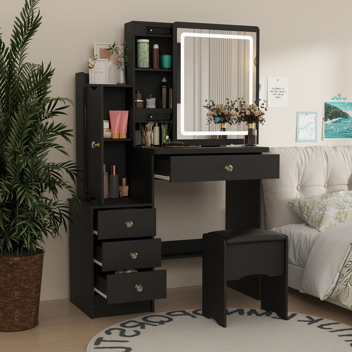 Push-Pull Makeup Table with Light in Bedroom