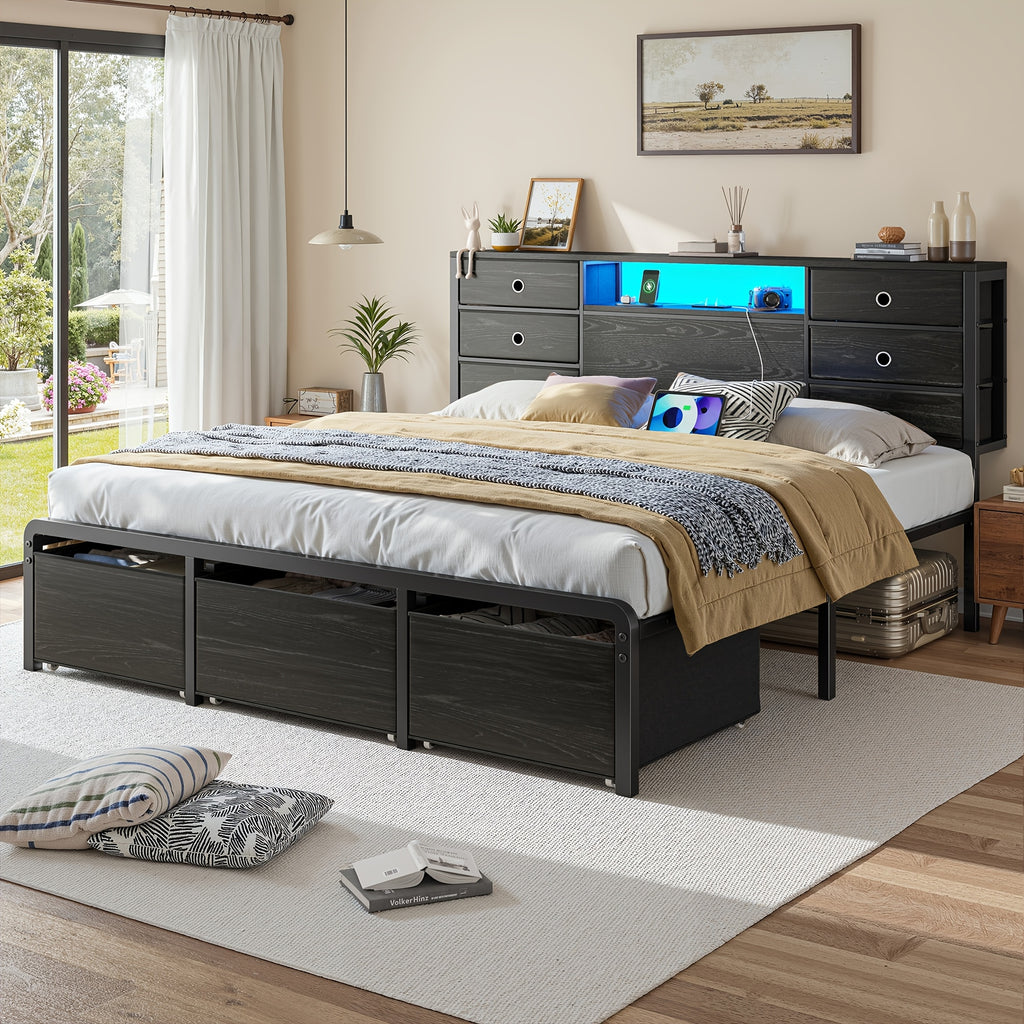 Reinforced Storage Bed Frame, King/Queen/Full with 8/9 Drawers, Headboard Storage, Multi-Color LED Lights & Charging Station, Noiseless & Easy Assembly, Black/Tiger Brown