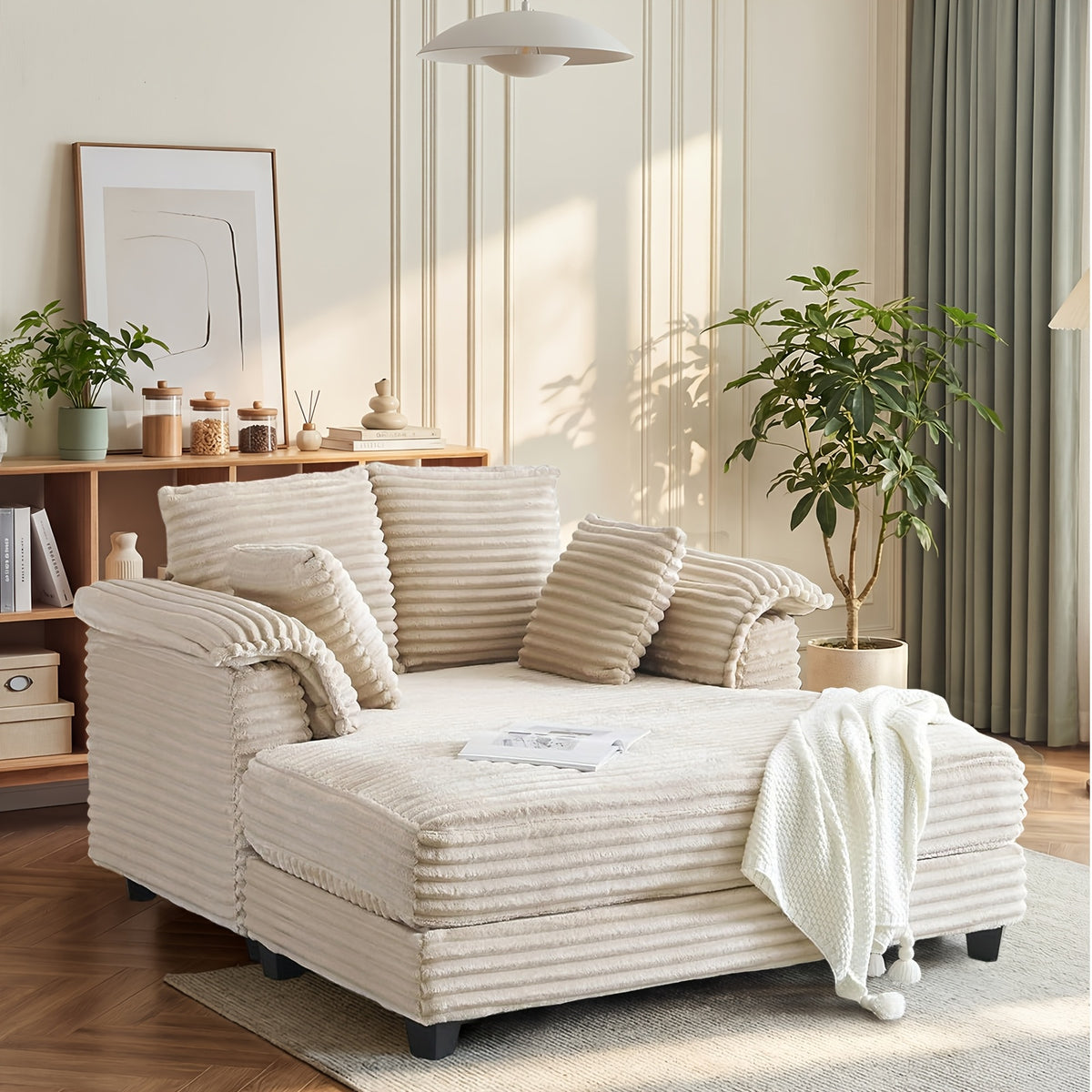MOTOOS 56" Oversized Corduroy Sofa Bed with Recliner & Sleeper System - Convertible Bed to Couch Suitable for Living Room, Bedroom, Movie Room, Assembly, Throw Pillows & Armrests, Upholstered Chair for Small Spaces (No Wood Frame)