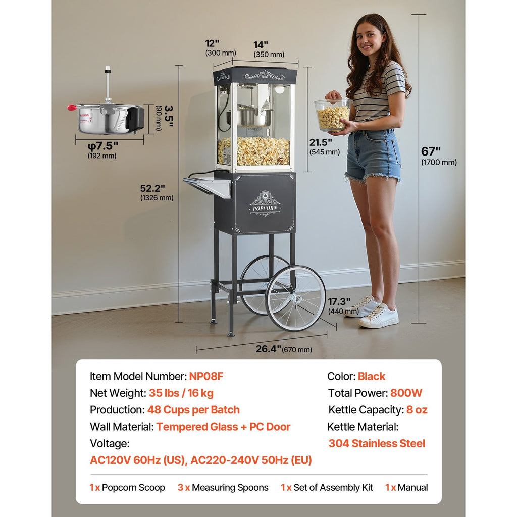 VEVOR Popcorn Machine with Cart Popcorn Popper Maker 800W 8oz Kettle 48 Cups Black/ Red/ White