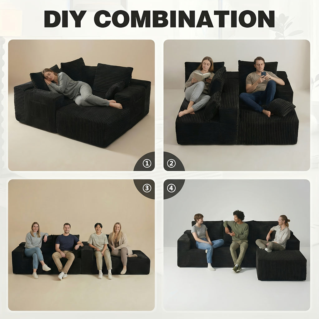 105" Boneless Cloud Couch for Living Room, Modular Sectional Sofa with Chaise, 4-Seater L-Shaped Sofa with Corduroy Fabric, No Assembly Required, Comfy Fluffy Sofa Bed for Bedroom, Compressed Sofa Package.
