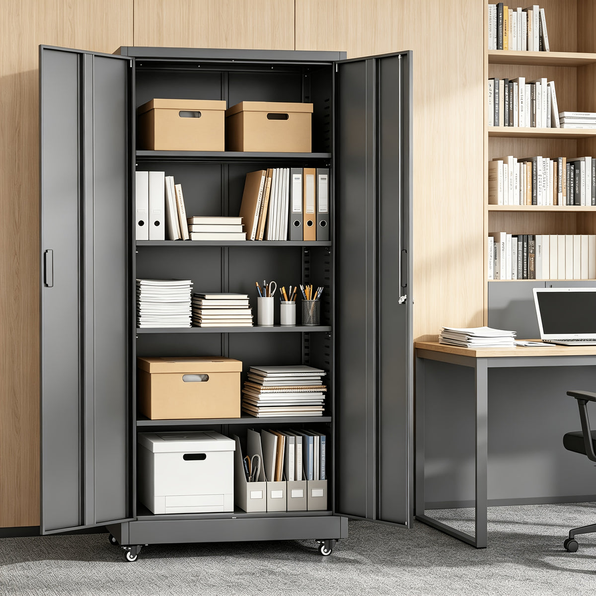 75''/72''*32''*16" Metal Pulley Office Storage Cabinet, Rollable Metal Cabinet, with Wheels, Locking Door And Adjustable Shelves, Suitable for Steel Tool Cabinets In Home Offices, Garages, And Warehouses, Black/White