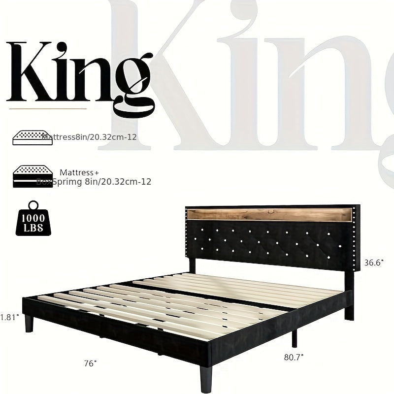 Bed Frame with LED Lights, Velvet Upholstered Platform Bed with Storage Headboard, Charging Station And Diamond Tufted Design - No Box Spring Required - Easy Assembly - Black