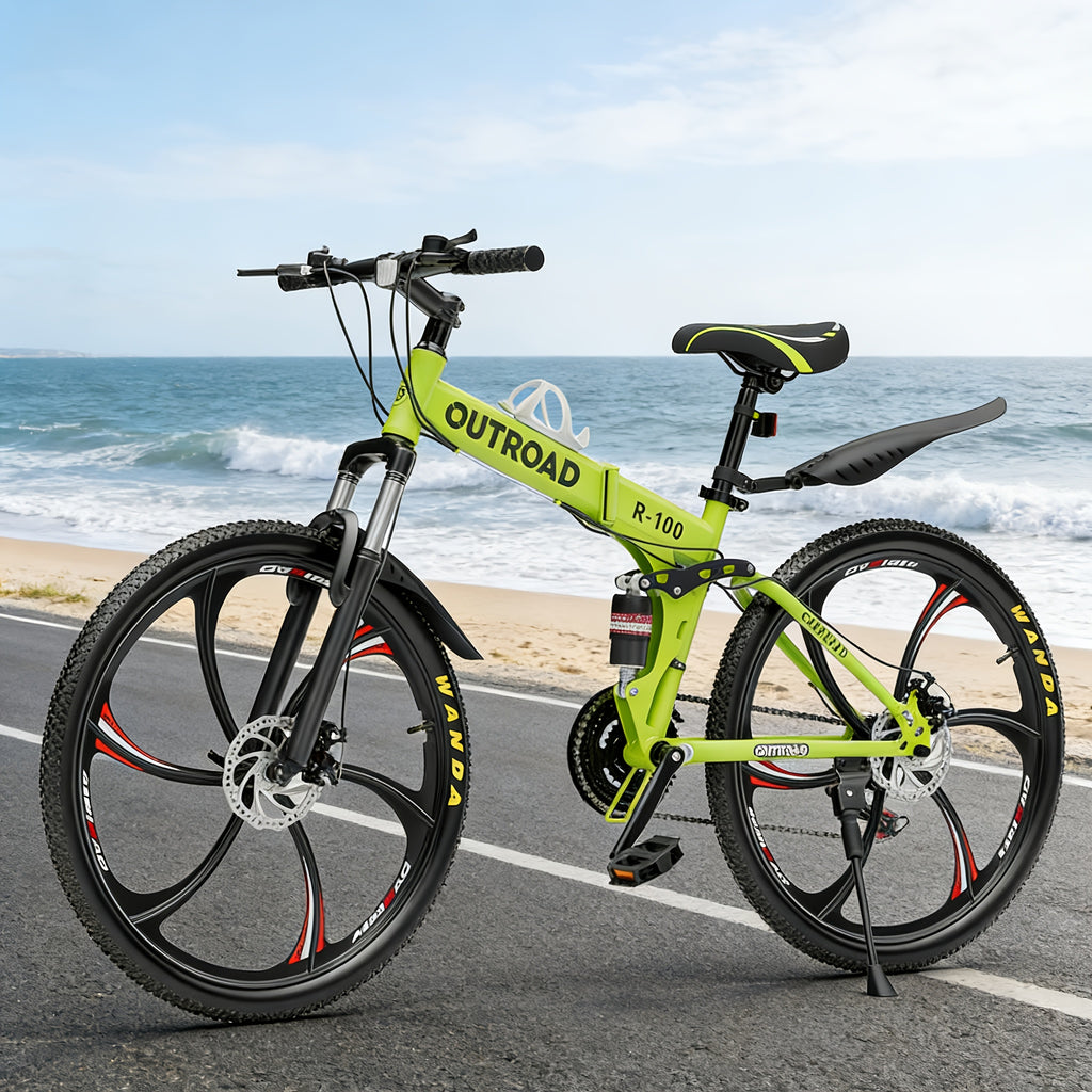 26 Inch Folding Mountain Bike, 21 Speed Full Suspension High-Carbon Steel MTB Foldable Bicycle, Dual Disc Brake Non-Slip Folding Bikes for Adults