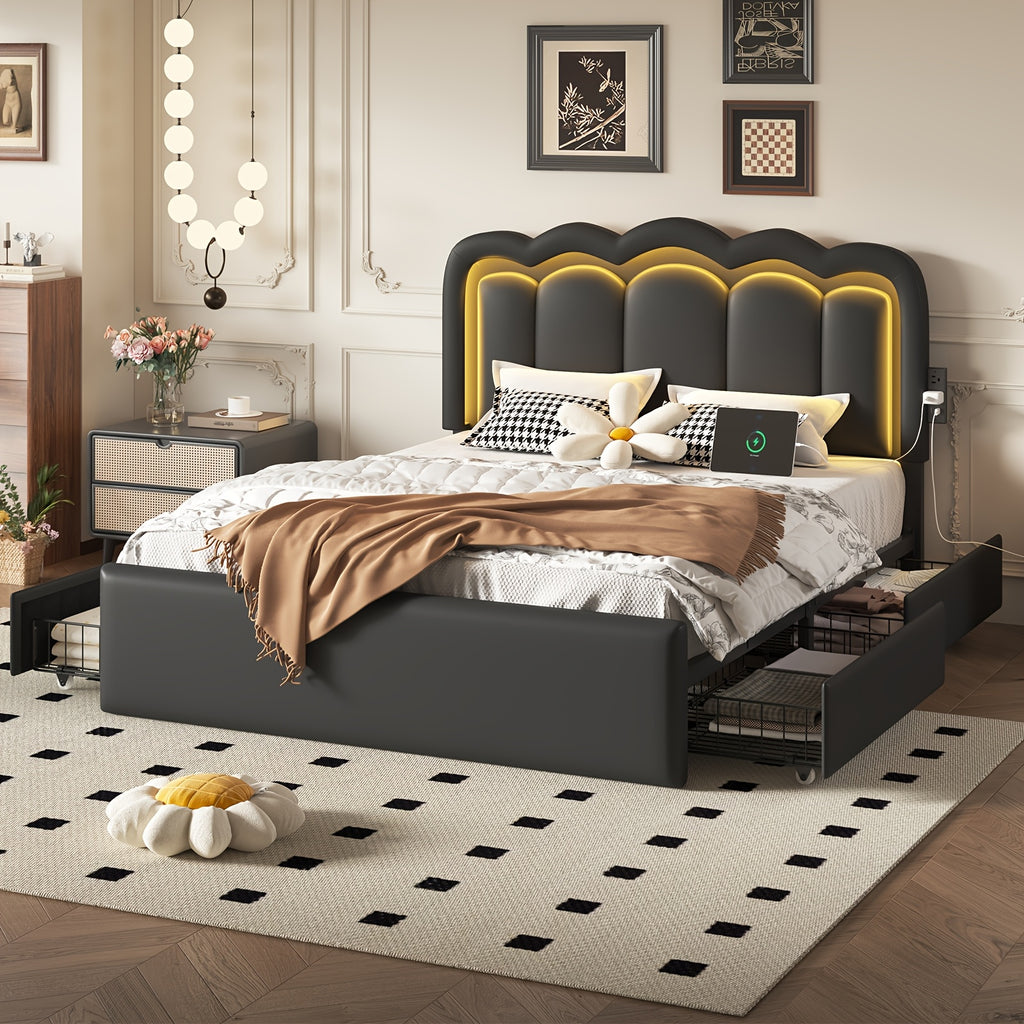 Upholstered Platform Bed Frame with 4 Storage Drawers & Adjustable Headboard, Full/Queen Size Bed Frame with LED Lights & Charging Station, Strong Metal Slats Support, No Box Spring Needed, Easy Assembly, Black/White