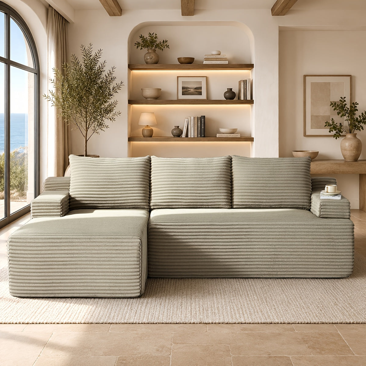 L-Shaped Cloud Sofa, 3-Seater Corduroy Sectional Couch with Oversized Chaise, Deep Seat Modular Sofa, No Assembly Required, Modern Couch for Living Room & Bedroom