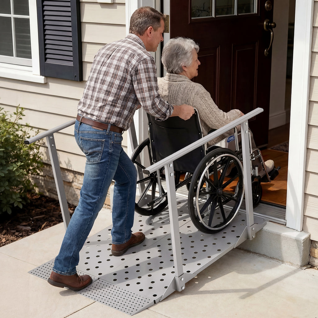 VEVOR Wheelchair Ramp with Handrails, 44.9 x 33.5 in, Heavy Duty Aluminum Handicap Ramp, 440 lbs Capacity, Non-Slip Portable Threshold Ramps for Home Steps, Stairs, Doorways, Curbs, Walkers, Scooters