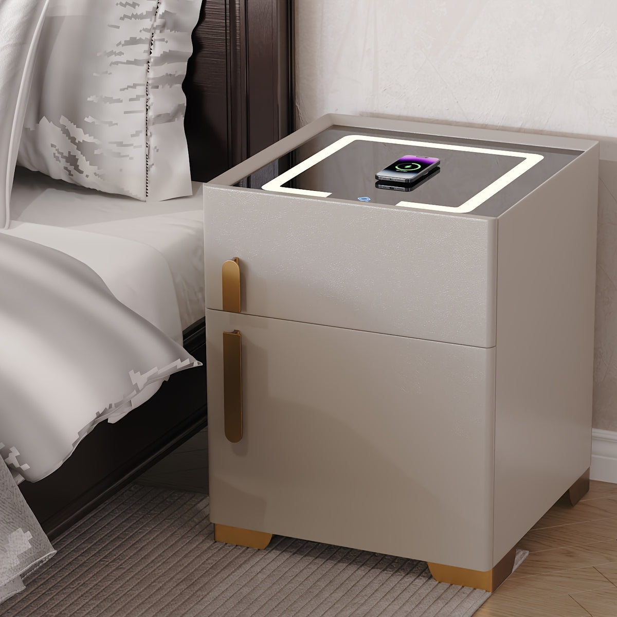 Wireless Charging Cabinet, Modern 4-in-1 Bedside Table with LED Three-Color Light and Drawers